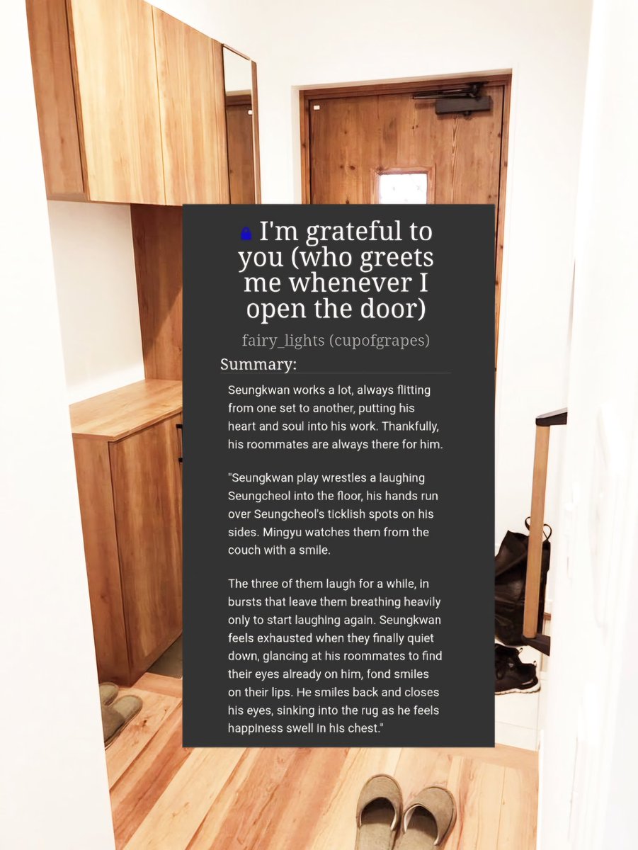 fairy_light5's tweet image. I'm grateful to you (who greets me whenever I open the door)
☆ boogyucheol 🍊🐶🍒
☆ rated T, 10k, ongoing
☆ nonfamous au, roommates
☆ written for @svtpolyfest 

🍊🐶🍒 archiveofourown.org/works/75788141