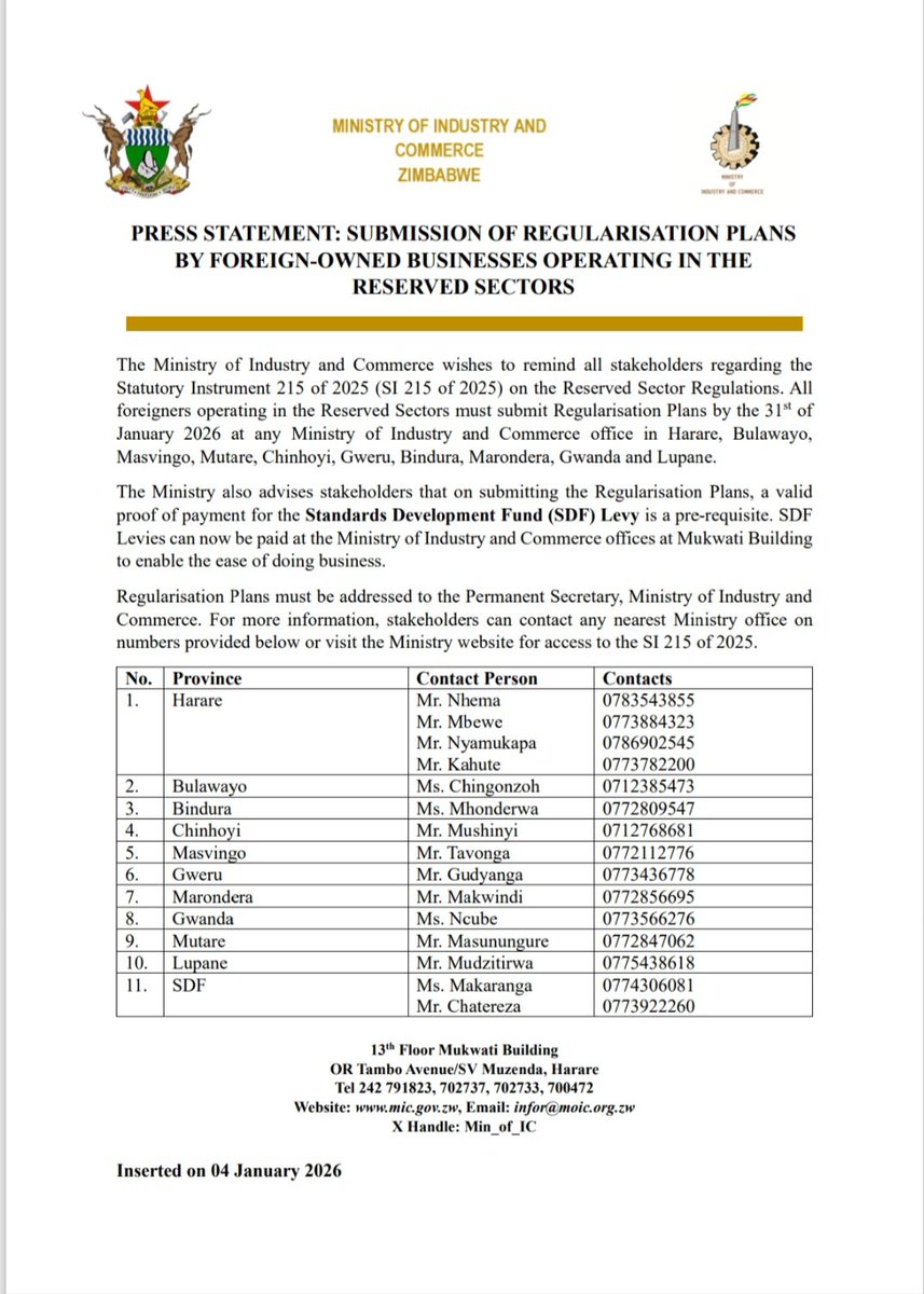 SI 215 of 2025:
Submission of Regularisation Plans by foreign-owned companies operating in the reserved sectors.