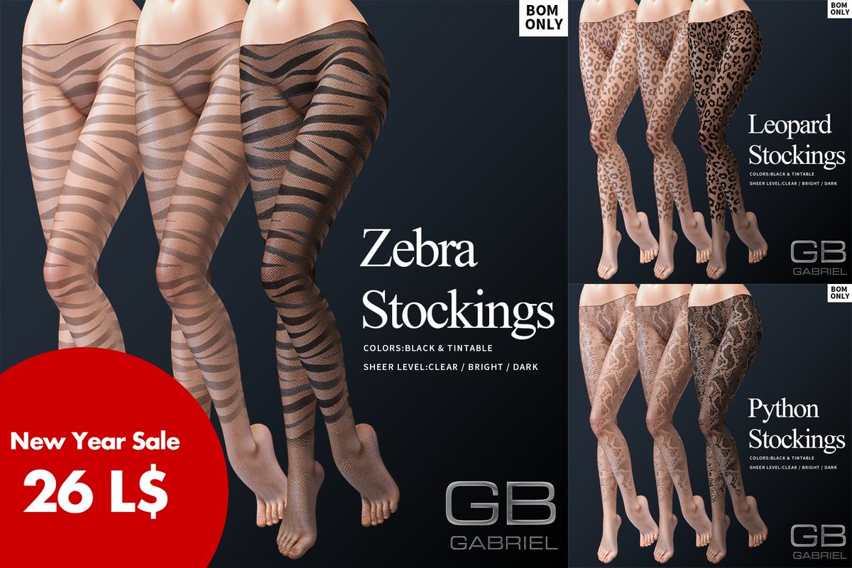 >>> 期間限定 26L$ !! <<<

GBタイツ部から新年初の新作のお知らせです。

アニマル柄のタイツを発売です❤️‍🔥
柄はパイソン・レオパード・ゼブラの3パターン 
新春セールということで、2026年にちなみ
期間限定26L$で発売いたします。 

1週間を目処に通常価格にいたしますので、