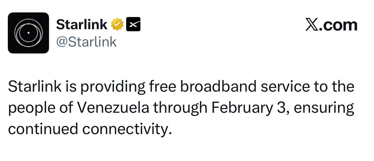joannamongesy's tweet photo. VENEZUELA CORRE LA VOZ 🗣🔊  

Starlink anuncia que proveerá del servicio de internet gratuito de banda ancha a Venezuela hasta el 3 de febrero, para garantizar la conectividad de los venezolanos.

#03Ene #04Ene
#ULTIMAHORA
#HappyNewYear2026
Venezuelans 
Cilia Flores
Venezuela 
Marco Rubio 
Estados Unidos 
Venezolanos 
Nicolás Maduro 
Fuerte Tiuna
New York 
Preso
El TSJ