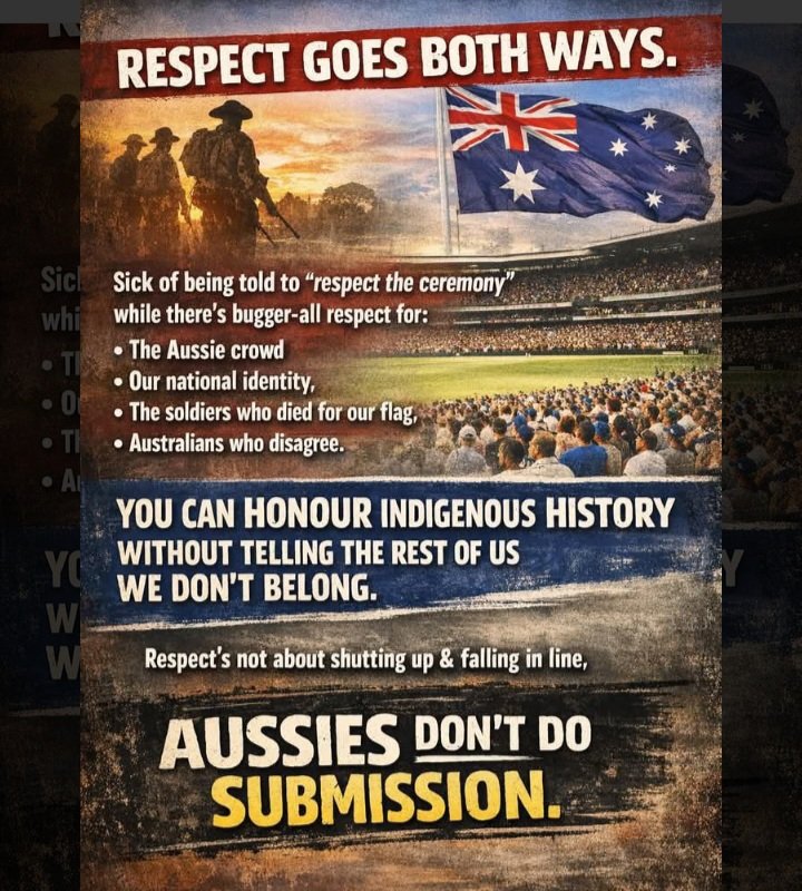 JimThom90458694's tweet image. My take on Welcome to Country

Respect doesn’t work if it only runs one way.

A lot of Australians are sick of being told to:
 • respect the ceremony
 • respect the words
 • respect the sentiment

…while there’s bugger-all respect shown back for:
 • the people in the stands…