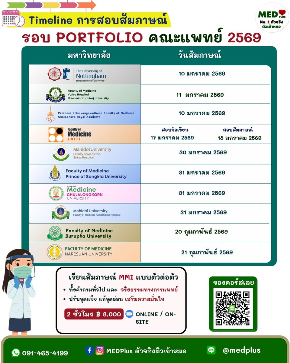 Medplustutor's tweet image. ⏰ Timeline สอบสัมภาษณ์ รอบ Portfolio คณะแพทย์ ปี 2569
เช็กวันให้ชัวร์ เตรียมตัวให้พร้อม ก่อนเข้าห้องสัมภาษณ์จริง 
• เจาะคำถามจริง
• ฝึกจริยธรรมแพทย์
• ปรับจุดอ่อน เสริมจุดแข็ง
#Portfolio69 #สอบแพทย์ #สัมภาษณ์แพทย์
#MMI #Dek69 #MEDPlus #เตรียมสอบแพทย์
#อยากเป็นหมอ #รอบพอร์ต