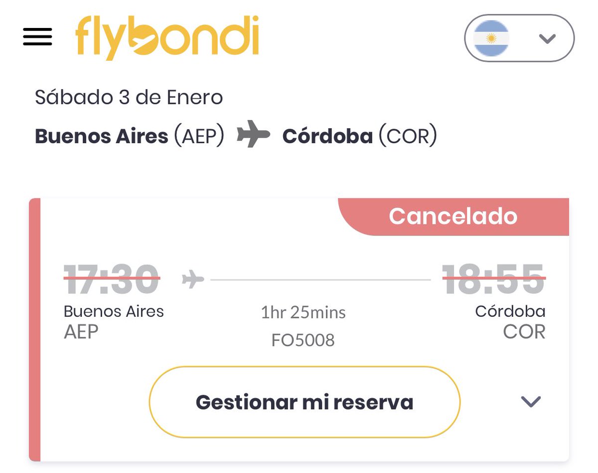 En los medios no se enteraron pero hoy Flybondi volvió a cancelar 29 vuelos:

FO5850/1 Asunción - CANCELADO
FO5246/7 Bariloche - CANCELADO
FO5006/7 Córdoba - CANCELADO
FO5008/9 Córdoba - CANCELADO
FO5441/2 Córdoba–Bariloche - CANCELADO
FO5520 Córdoba–Neuquén - CANCELADO

Sigue🧵