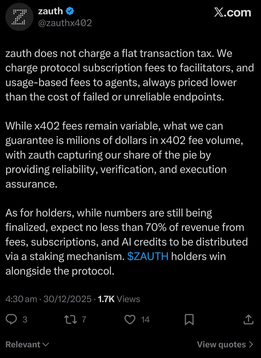 <a href="/organ_danny/">Danny Organ</a> <a href="/bc1beat/">E.H. Vicky</a> Take a look at $ZAUTH - trust &amp; vefiication layer for x402 

Every facilitator would benefit from this &amp; will become the biggest data lake for ultimate efficiency for all x402 facilitators 

x.com/zauthx402/stat…