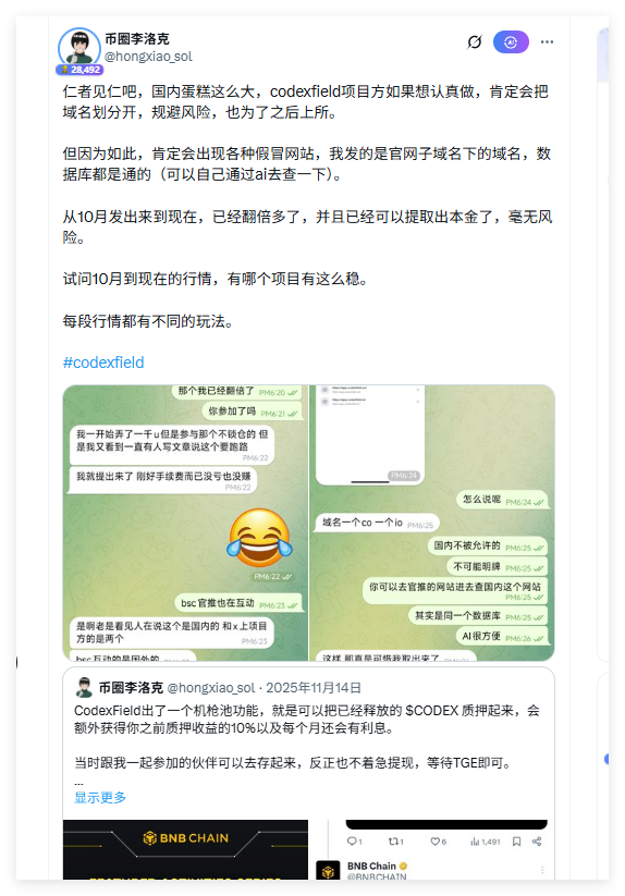 标题：有些人为了点返佣，是不是连脸都不要了？

真是活久见。
之前信了某博主的邪，冲了1000U的一个土狗项目。这钱归零了我没当回事，毕竟玩这种东西就是赌，输了是我技不如人，我认。
但是！！最骚的操作来了！！
项目方都已经关网跑路了，这位博主还在那疯狂洗地！