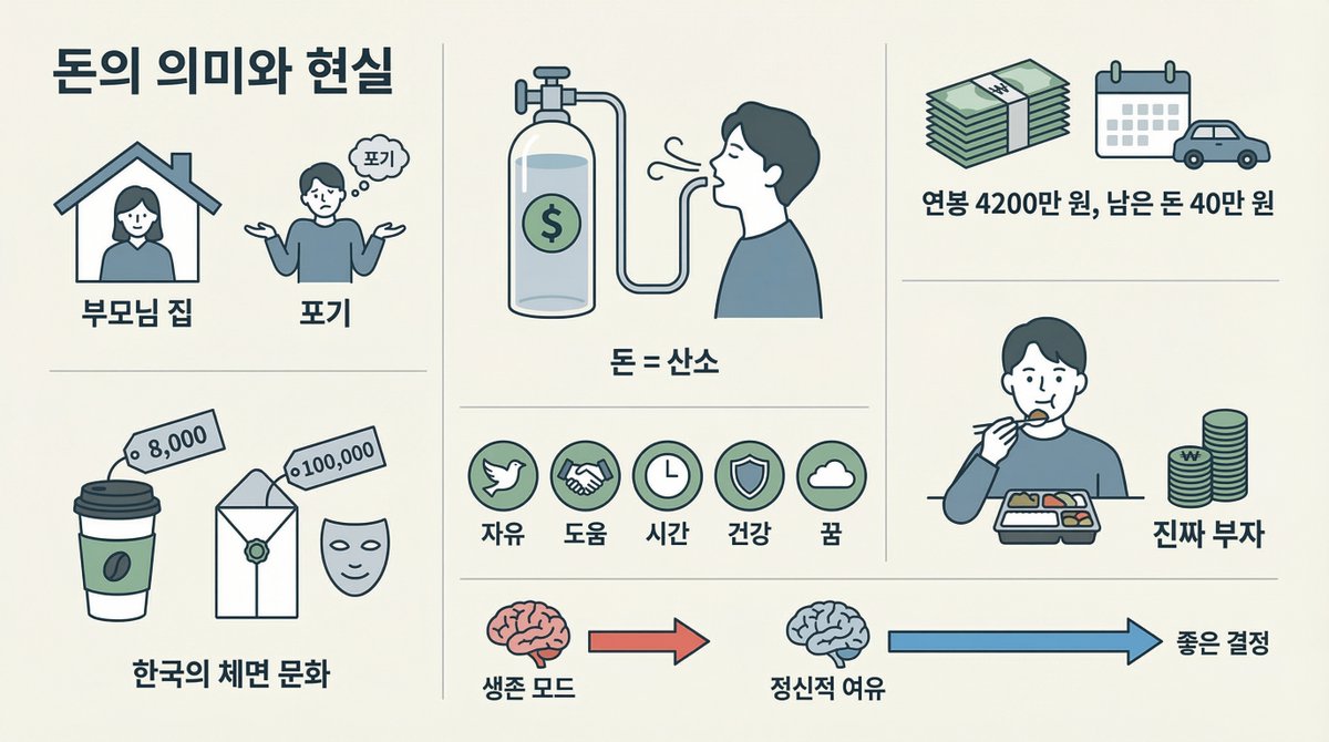 돈이 중요하지 않다고 말하는 사람은 두 부류임. 부모님 집에서 편하게 사는 사람이거나, 포기해서 신경 끄기로 한 사람.

돈을 산소에 비유함. 산소가 충분할 때는 생각 안 하는데, 부족하면 다른 거 아무것도 안 보임. 돈도 마찬가지.

연봉 4200만원. 나쁘지 않음. 평균 이상임. 근데 매달 다 쓰면