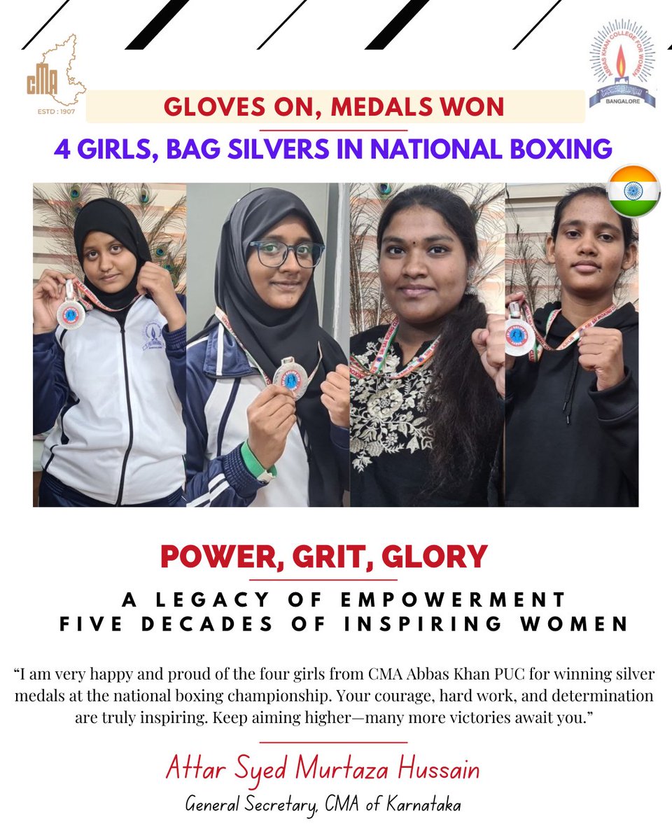 CMAKarnataka's tweet photo. Bravo! 👏🥊
Proud moment for CMA Abbas Khan PUC!

4  determined girls brought home silver medals at National Boxing Championship held in Chennai on 27–28 Dec. 

Keep punching beyond limits—this is just the beginning! 💪✨

Central Muslim Association https://t.co/N3x3MaKnMb