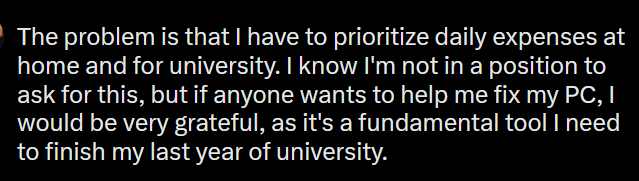 _MoonProxy_'s tweet image. Hi, I don't know if you'll see this, but I'll probably be more inactive because my PC broke and I need to fix three parts. One of them is the most expensive, the CPU, and the others are a power supply and a cooler, which together cost $373 USD+