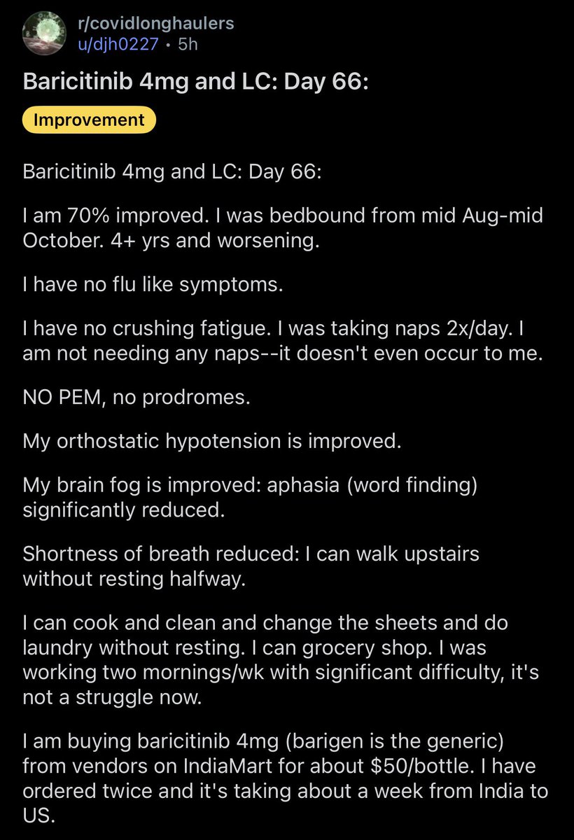 x3r0gx4's tweet photo. Someone with Long COVID taking baricitinib reports 70% improvement and no more PEM https://t.co/HJfrXo0s3b