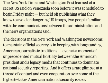 NYT and Wapo held off on reporting the Venezuela raid, <a href="/maxwelltani/">Max Tani</a> &amp; <a href="/ShelbyTalcott/">Shelby Talcott</a> report