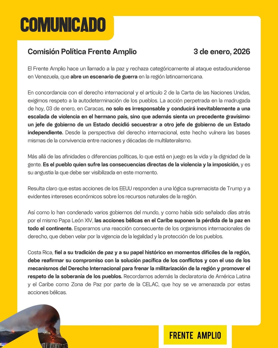En un comunicado publicado este sábado, la Juventud del Frente Amplio condenó la operación militar estadounidense que resultó en la captura de Nicolás Maduro, asegurando que se trató de un "atentado contra la vida" y una "amenaza directa" a la paz en América Latina.