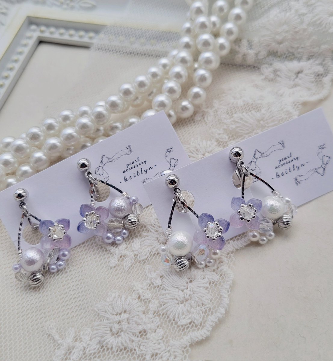 no.196 ハンドメイド✩.*引き揃え糸のくすみカラー上品イヤリング（ピアス） no.196 ハンドメイド✩.*引き揃え糸のくすみカラー上品イヤリング