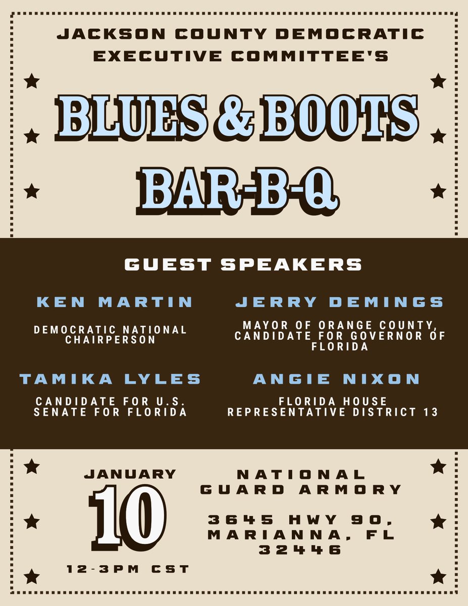 LylesforFlorida's tweet photo. Join me next Saturday at the Jackson County DEC’s Blues &amp; Boots Bar-B-Q in Marianna.

Looking forward to a great afternoon of conversation and community. Hope to see you there!
#LylesforFlorida #Lyles26 #LylesforSenate #Florida https://t.co/bQWj2btPDg