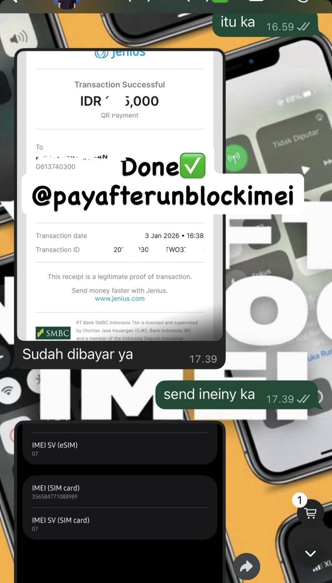 PAUIIMEI's tweet image. JASA UNLOCK UNBLOCK IMEI ALL OPERATOR &amp;amp; ALL TYPE PHONE UNBLOK IMEI -01
    ⚡️Tri Only
    ⚡️Bulanan
    ⚡️Beacukai
WA ME 👇
wa.me/+6289525392822