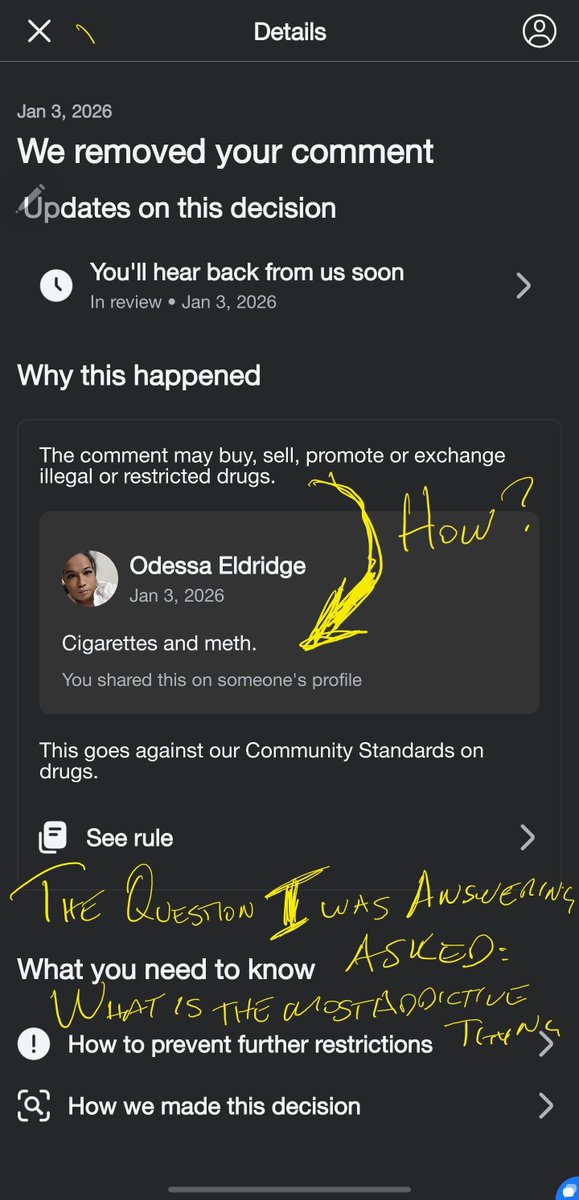 RubySoFlo's tweet image. This is one of several reasons why I hate #Facebook. I happen to see a stupid question on my feed and replied with my honest answer: Cigarettes and meth. I smoke cigarettes, and I have been to rehab for the latter. Here comes Facebook, punishing me for bringing awareness! 🖕🏽#FB