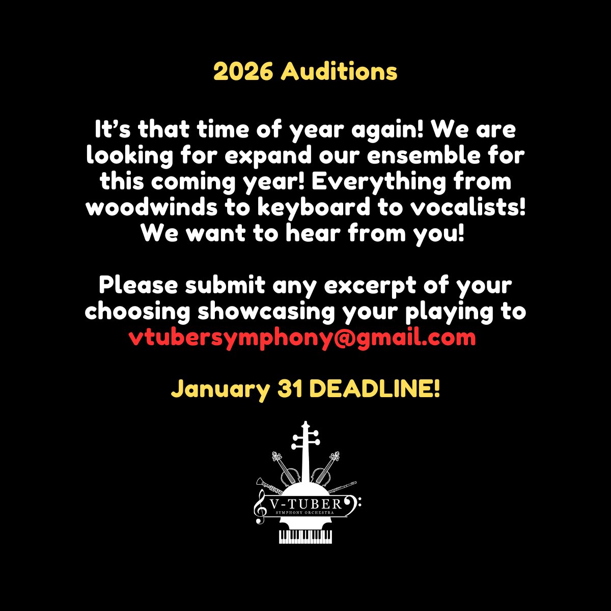 vtubersymphony's tweet image. ‼️AUDITION ANNOUNCEMENT‼️

It's time to open up our yearly auditions for VTSO! Any excerpt that you think best demonstrates your skills will be fine! 

VTSOの年次オーディションの募集を開始します！ご自身の技術を最もよく示せると思われる抜粋曲であれば、どれでも結構です！