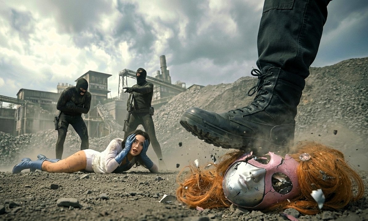 転倒の勢いで外れたそのマスクは数メートル先の地面に転がっていた。赤毛のウィッグが付いた彼女の“ミスアメリカ”としての象徴。
その瞬間１人の戦闘員が大股で近づき黒い軍靴を高く振り上げた…

”ズシャッ！”

「No 私のマスクが…！」
「ヤメて…お願い…もう、壊さないで」