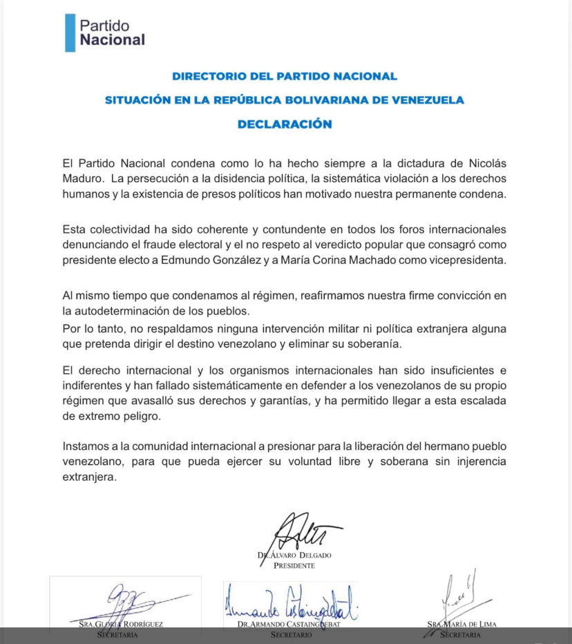 Hoy una intervención militar extranjera sacó a un dictador y lo llevó preso. El Directorio del PN rechaza la intervención militar y nada dice sobre el dictador preso. Una declaración tibia y funcional al relato internacional favorable al dictador. No me representa