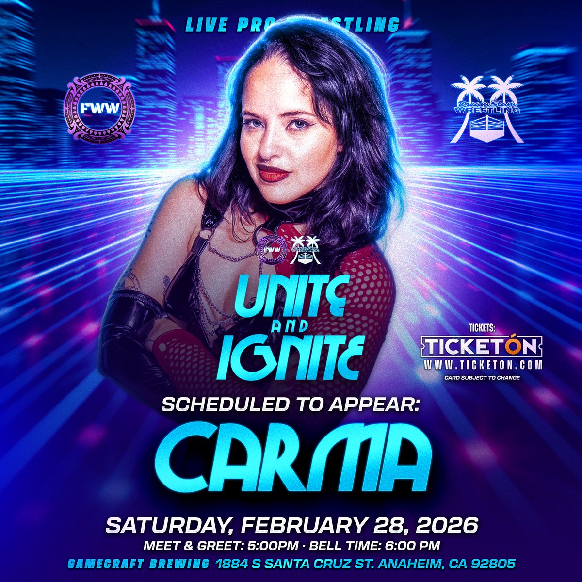 CARMA makes her Future of Women’s Wrestling debut at

UNITE &amp; IGNITE

SATURDAY, FEBRUARY 28, 2026

GAMECRAFT BREWING
1884 S SANTA CRUZ STREET 
ANAHEIM, CA 92805

<a href="/Carmireli88/">Carmireli</a>

Tickets: 
ticketon.com/events/live-pr…

#thefutureisnow #womenswrestling #wrestling #indiewrestling