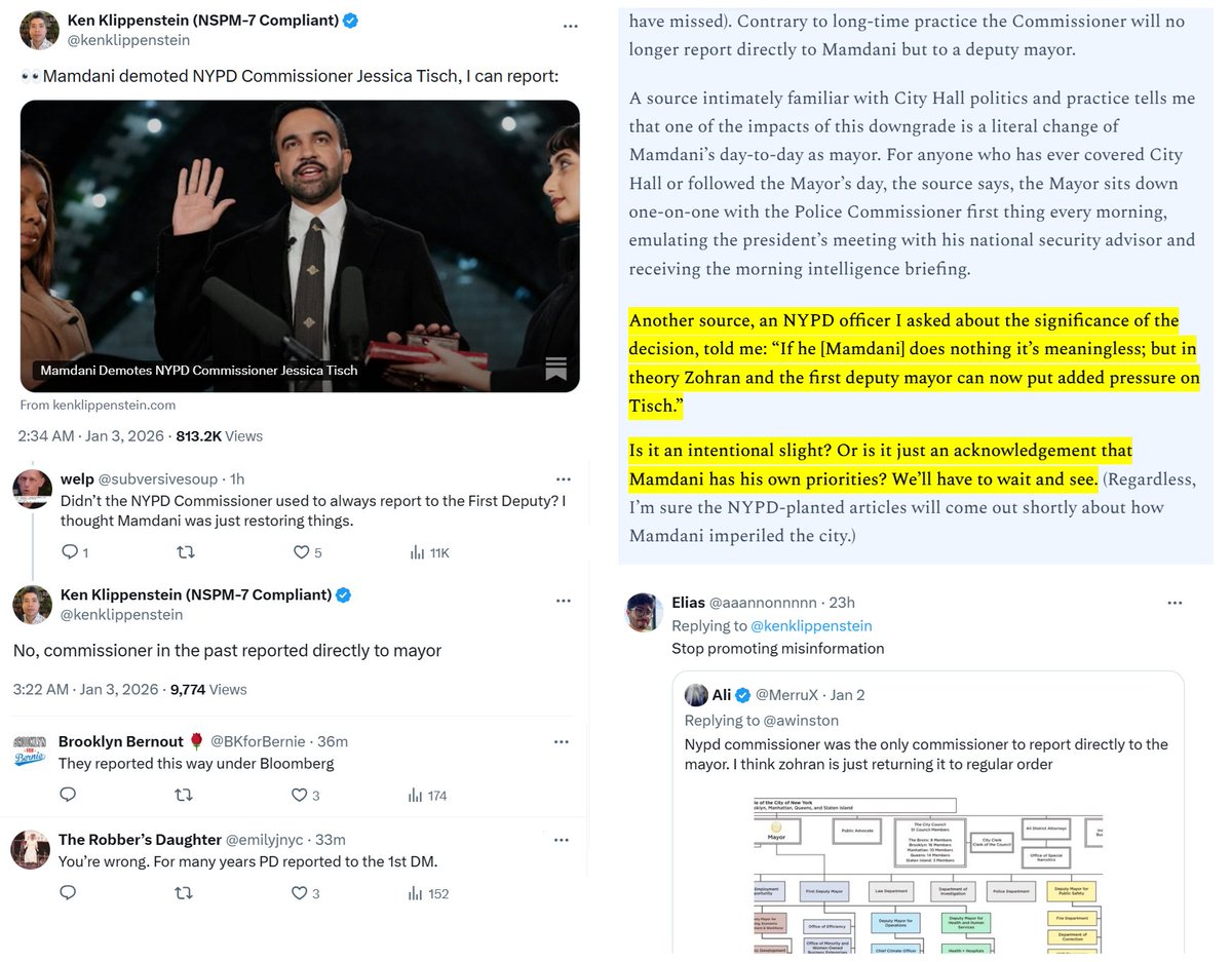 zei_squirrel's tweet image. yesterday Ken Klippenstein posted a substack blog with the OMG BREAKING headline that Zohran Mamdani had "demoted" NYPD Commissioner Tisch. He called this his intrepid investigative "reporting" that everyone else had ignored. Except it was a lie. Tisch isn't demoted. He…