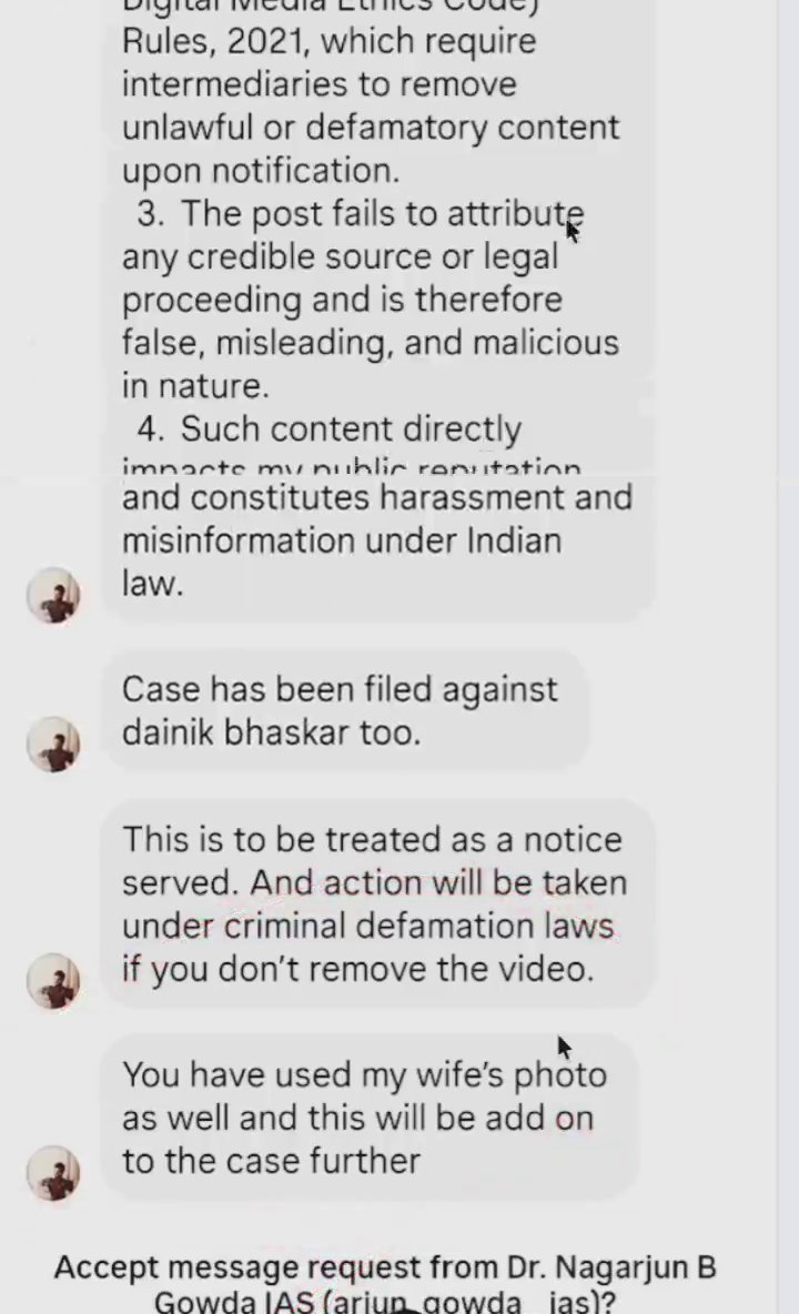 IAS Nararjun Gawda is threatening to take down the video of Amit Kilhor in DM.

- First of all, stop living in an era where people were giving over respect to officers and politicians.
- Let me remind you that you are accused of a 10 crore bribe in a case where a 51 crore fine