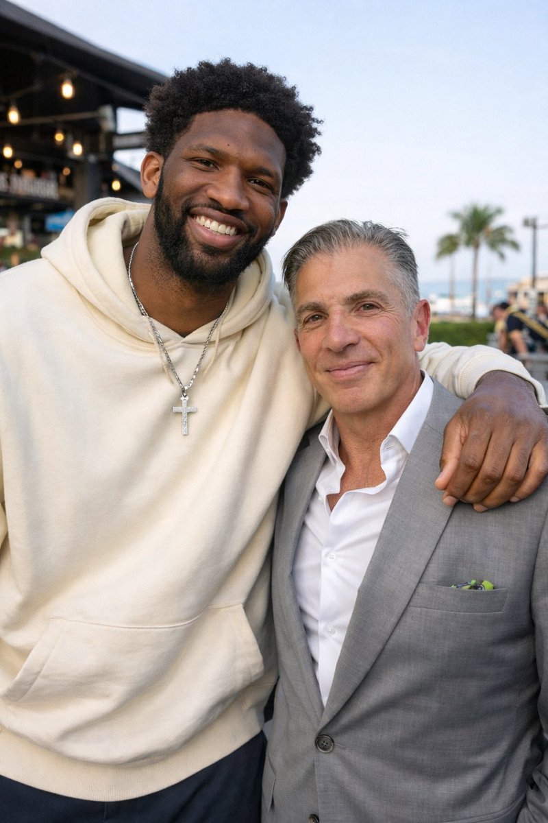 Fanimal_'s tweet image. Joel Embiid and Dr Glashow. Two Sixers legends