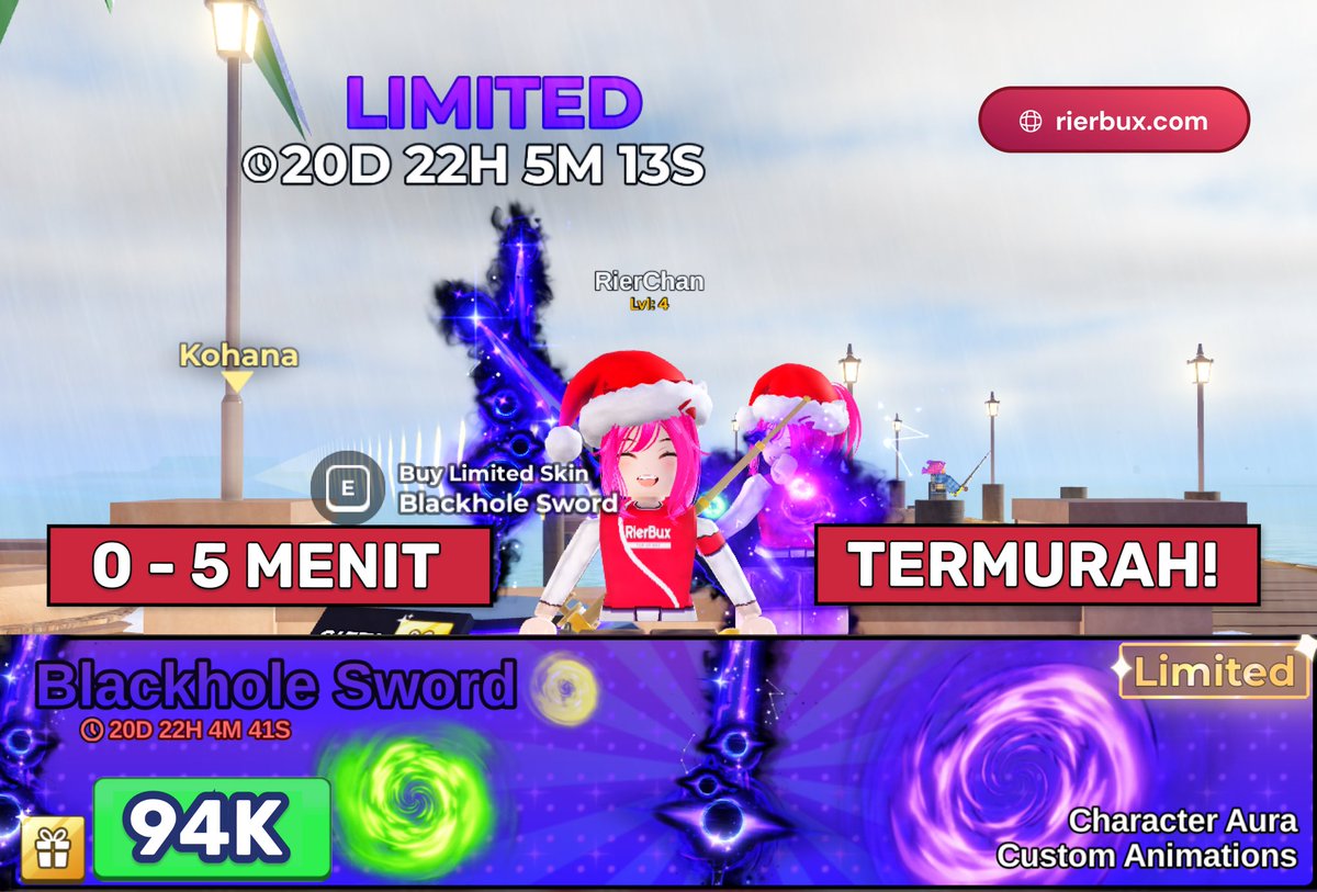 Pagii semuanya 👋

Hari ini RierChan ready gift skin rod fish it terbaru yaa ‼️

🪐 Blackhole Sword — 94k

Proses kirim 0 - 5 menit aja 😆
Harga termurah, stok ready banyak!

Sung order guys 🛒
rierbux.com/products/fish-…