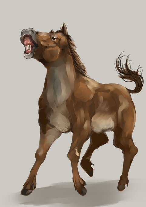 メリキップス。イネ科の草を専ら食すようになった、つまり草原に適応した中新世のウマ科動物。イネ科の草にはプラントオパールが含まれ歯が摩耗するので臼歯の歯冠が高くなり、その長い歯を納める顎と咀嚼用の筋肉がついた結果で今の馬のような顔になりました。肩高1mと体も大きくなっています。