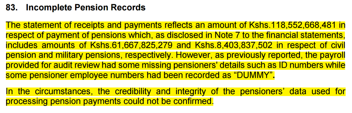 In 2023-2024, KSH 70 Billion was "sent" to pensioners across the country. 

In 2022-2023, KSH 58 Billion was sent out to pensioners. 

Close to KSH 130 Billion in two years.

Supposedly, people from the military.

The auditor general finds that, back-to-back, recipients included