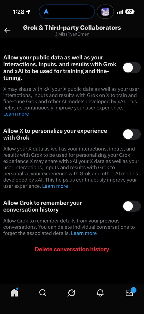 MissRyanOmen's tweet image. FYI this is what you can do in your settings to protect yourself and your content from #grok

It ain’t much, but it’s something.
Spread the word.
#retweet