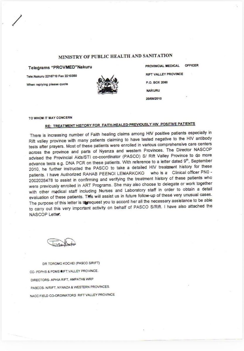Randy__Langi's tweet image. The MoH through NASCOP had much earlier recognised the influx of HIV/AIDS healing cases within Prophet’s Owuor’s Church and gave out these two letters of authorization to facilitate the Prophet’s church to do HIV Testing upto DNA PCR level, and the tests still came out NEGATIVE!