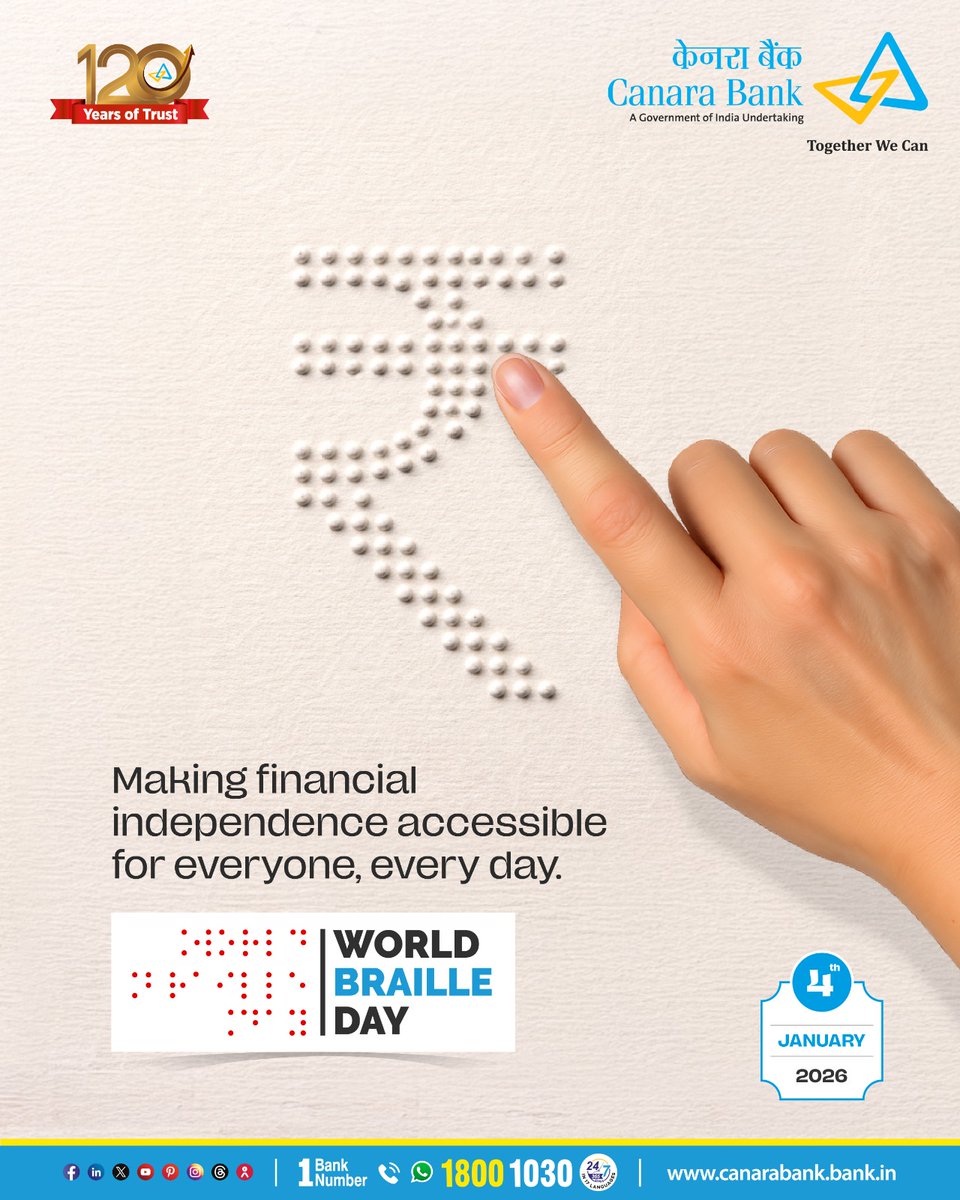 canarabank's tweet image. On World Braille Day, we reaffirm our commitment to inclusive banking, ensuring financial services are accessible, empowering and built for every individual.

#CanaraBank #BrailleDay #Commitment #Inclusivity #TogetherWeCan