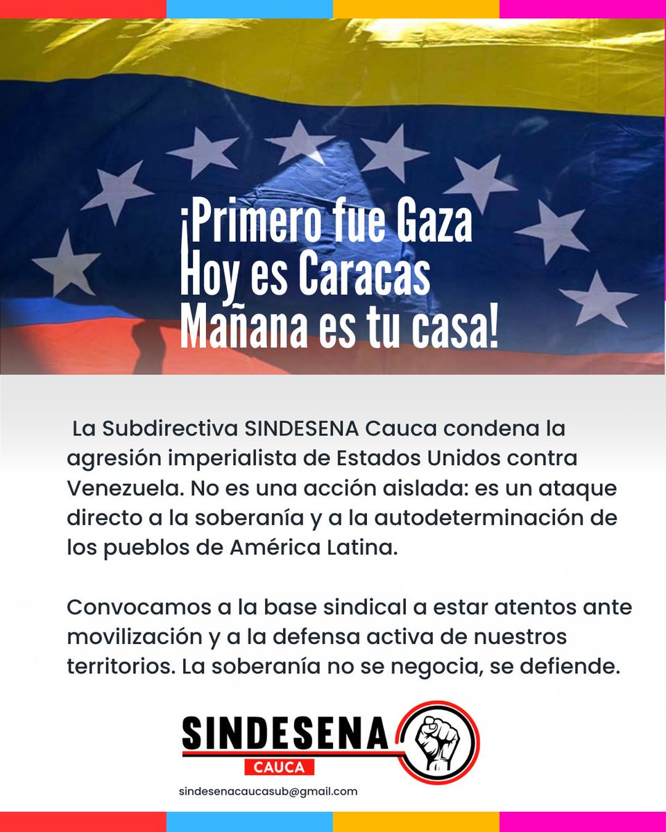 Primero fue Gaza. Hoy es Caracas.
No es un hecho aislado: es agresión imperialista contra la soberanía de los pueblos.

Desde SINDESENA Cauca lo decimos con firmeza: la soberanía no se negocia, se defiende.