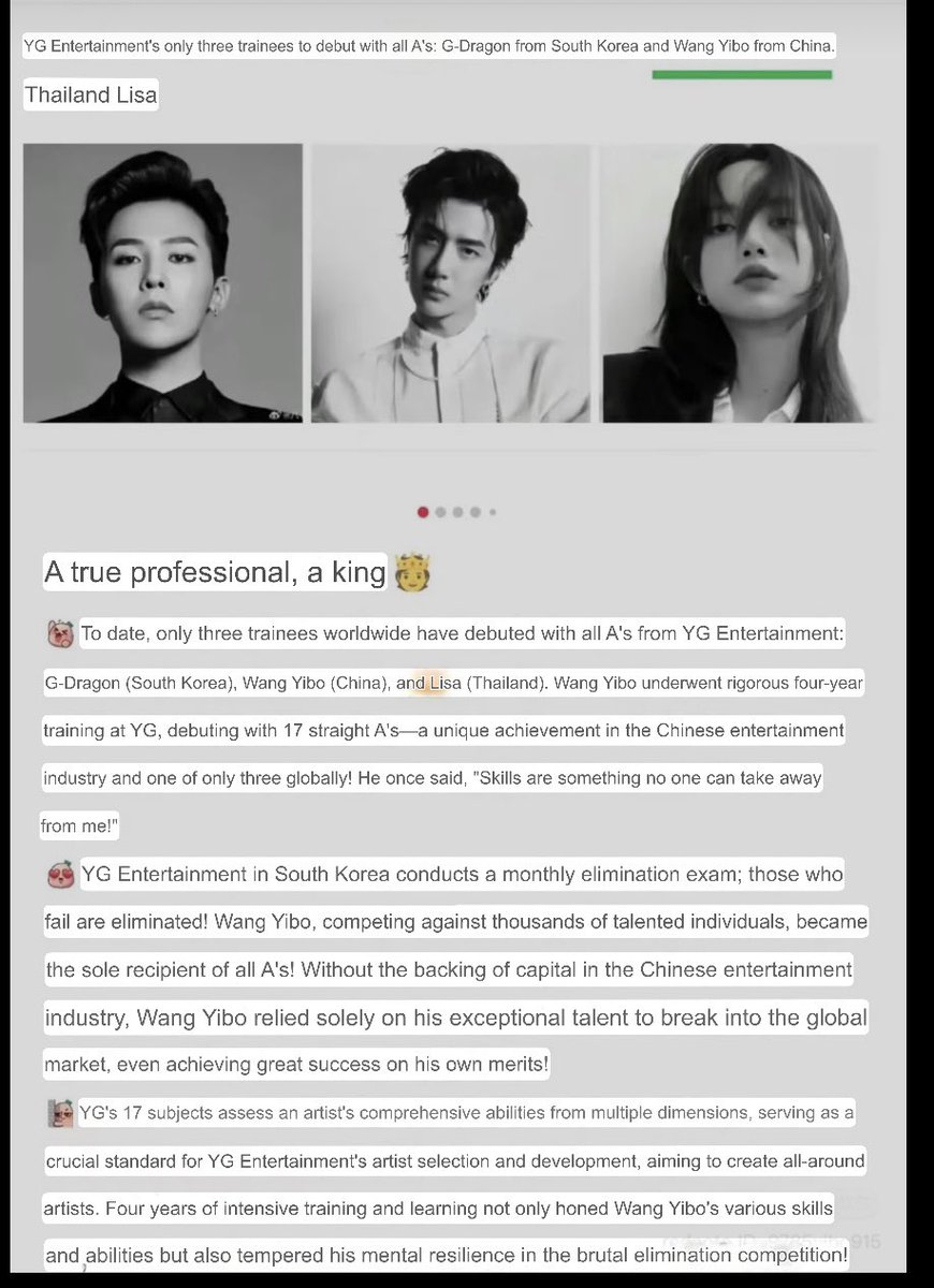 The only three YG trainees who debuted with all A's are Korean G-Dragon, Chinese Wang Yibo and Thai Lisa