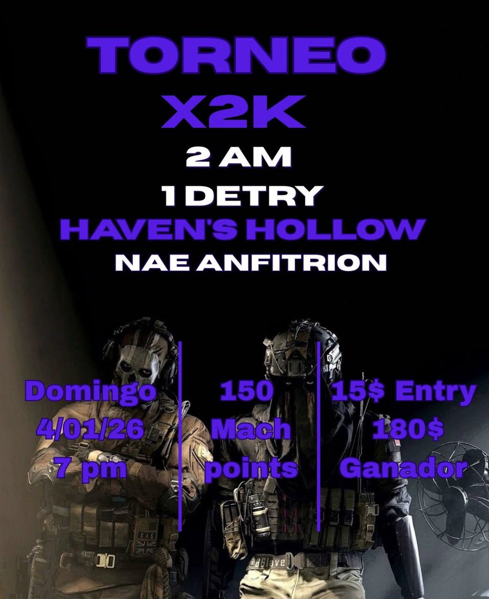 🏆2AM x 1DETRI🏆

🗓️ |4/01/26
⏰ |5pm🇲🇽(CT)6pm 🇺🇸(ET)🇻🇪 7pm
🎟️ |$15 X Equipo
🥇 |$180
📈 |150 puntos de partida
📍 |Haven’s hollow
🌎 |Nae anfitrión

✍🏼 Dm para Spot ✍🏼