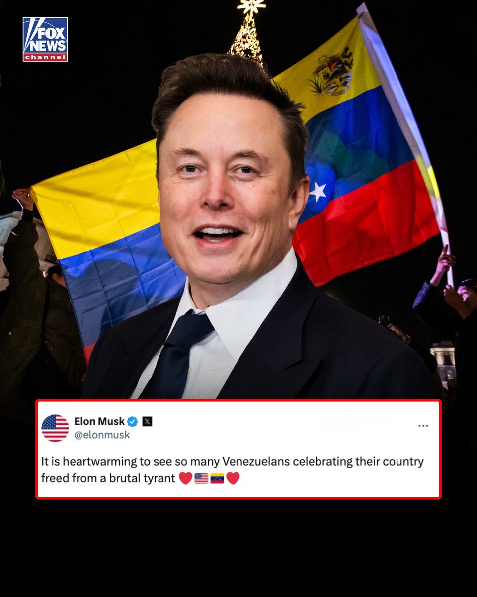 FoxNews's tweet image. MUSK REACTS: @elonmusk said it was “heartwarming” to see Venezuelans celebrating after the capture of dictator Nicolás Maduro.