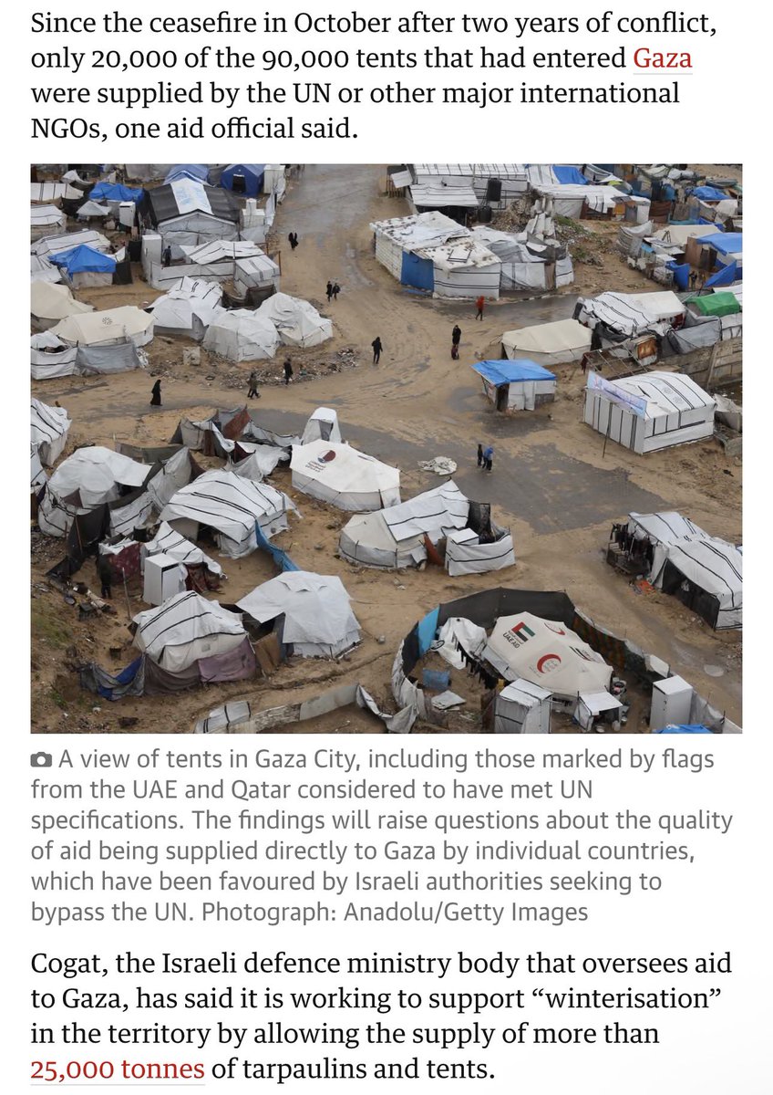 DropSiteNews's tweet photo. 🔴 Thousands of tents supplied to displaced Palestinians in Gaza fail to meet minimum UN winter standards, according to a new assessment by the Palestine Shelter Cluster coordinated by UN Office for the Coordination of Humanitarian Affairs, reported by The Guardian.

Severe rain and wind in recent weeks damaged or blew down thousands of tents, impacting at least 235,000 people, per UN estimates. Shelter specialists found tents donated by China, Egypt, and Saudi Arabia were often not waterproof, structurally weak, poorly stitched, and lacked flooring. Many will “likely need to be replaced.”

Tents supplied by Qatar, the UAE, and the UN do meet minimum UN specifications, Guardian reported. Yet since the October ceasefire, only 20,000 of the 90,000 tents that entered Gaza came from the UN or major international NGOs, aid officials said.

With 2.3 million people displaced, families are being left exposed to flooding, cold, and collapsing shelters as winter deepens.