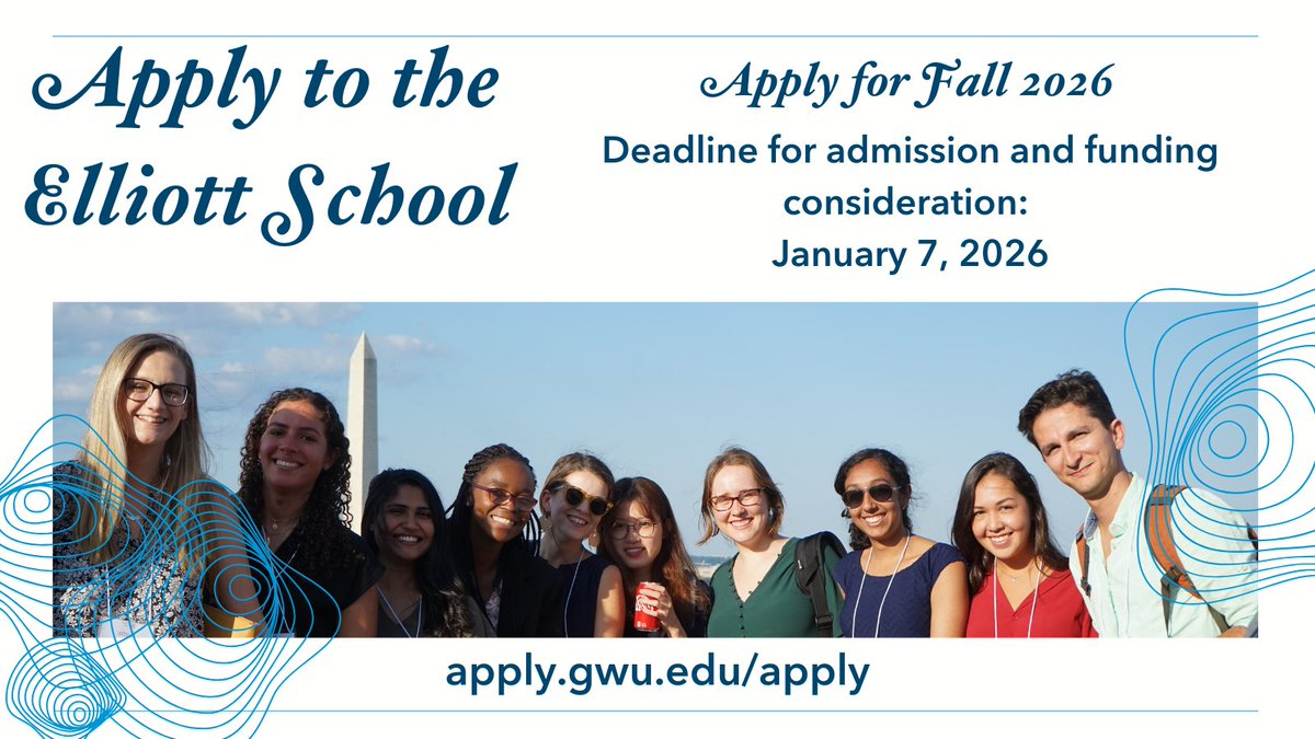 The fall 2026 <a href="/ElliottSchoolGW/">The Elliott School</a> graduate applications are still open! Apply to programs like <a href="/gwusigurcenter/">GW Sigur Center for Asian Studies</a>, <a href="/IMESatGWU/">IMES</a>, <a href="/MAIA_esia/">M.A. Intl Affairs</a> and <a href="/IIEPGW/">IIEP at GWU</a>. Start your app today at ow.ly/QWVZ30sRLpl!