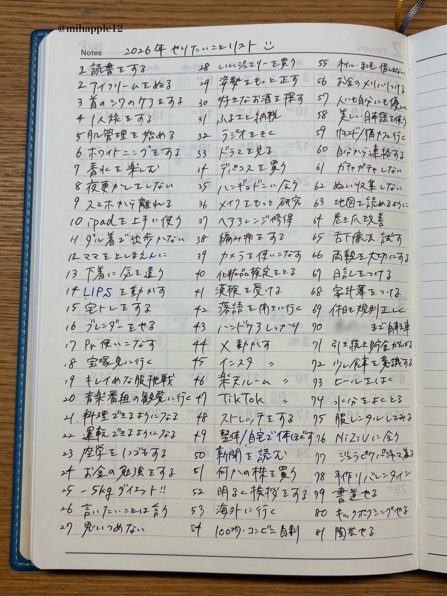 mihapple12's tweet photo. 2026年の叶えたいことリスト🏇💨

昨年の振り返りを経て
今年は更なる高みを目指したい✨

来年の自分に誇ってもらえる自分に
なれるように、1年頑張るぞ〜！⸜🌷︎⸝‍ https://t.co/aRBiWyrvGn