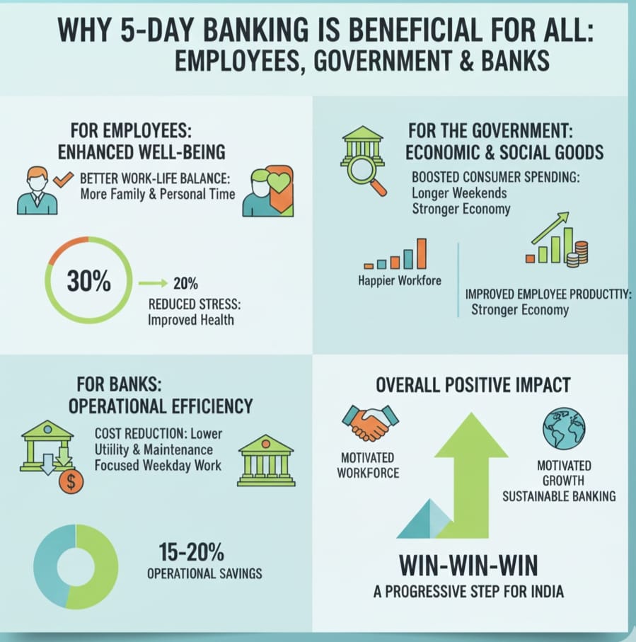 A shorter workweek would help banks align with global trends, making India more competitive and attractive to international businesses. 
#5DayBankingNow