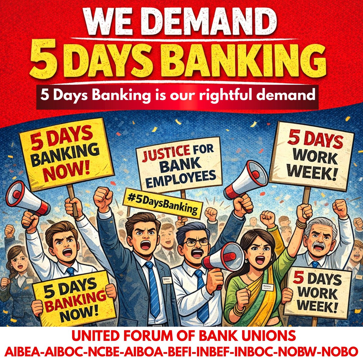 #5DayBankingNow
We Demand 5 Day Banking now

#5daysbanking 
#5daybanking

<a href="/DFS_India/">DFS</a> <a href="/nsitharaman/">Nirmala Sitharaman</a> <a href="/nsitharamanoffc/">Nirmala Sitharaman Office</a> <a href="/IbaChairman/">Chairman IBA |Stay Home Stay Safe</a> <a href="/ChiefIba/">IBA_Chief_Executive</a> <a href="/FinMinIndia/">Ministry of Finance</a> <a href="/LabourMinistry/">Ministry of Labour & Employment, GoI</a> <a href="/PMOIndia/">PMO India</a>