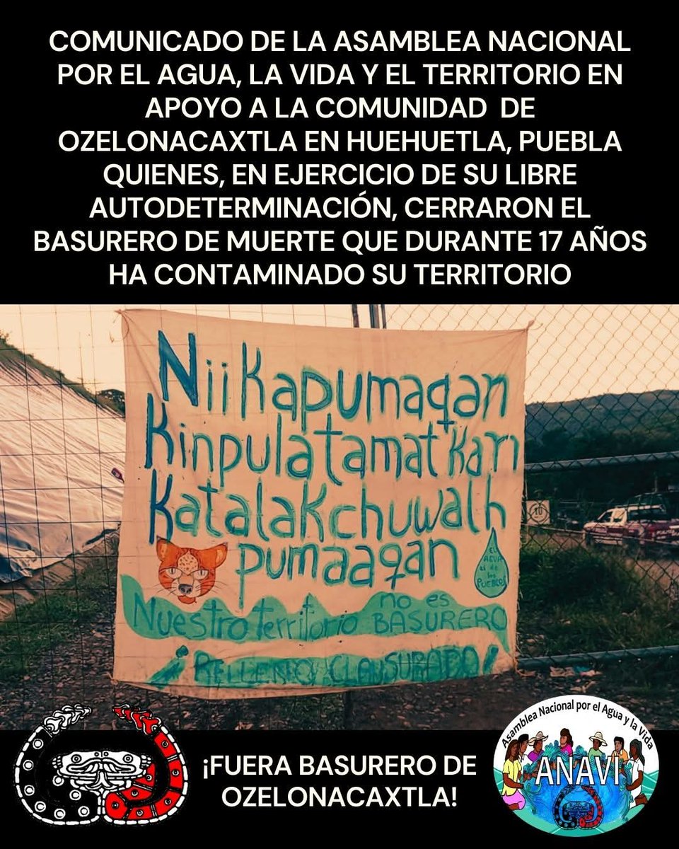 Comunicado de la ANAVI en apoyo a la comunidad de Ozelonacaxtla en Huehuetla, Puebla quienes, en ejercicio de su libre autodeterminación, han cerrado el basurero de muerte que durante 17 años ha contaminado su territorio

wp.me/p8qHTQ-34c