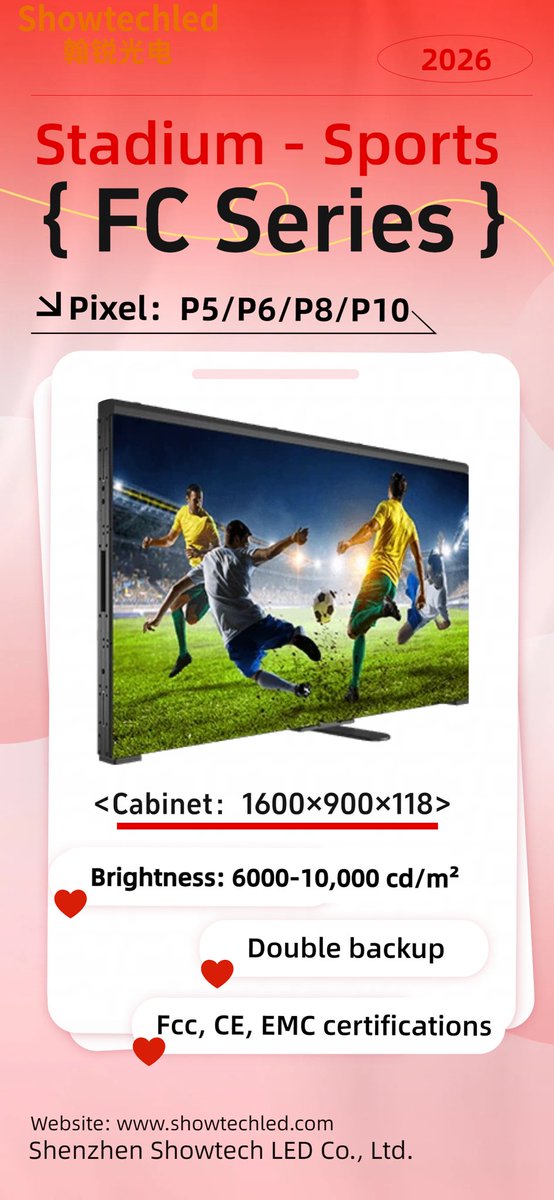 EshterWo's tweet image. Experience unmatched clarity with our FC Series Stadium Sports LED Screen: P5-P10 pixel pitch, 1600x900mm, 6,000-10,000cd/sqm brightness, 7680Hz refresh, FCC/CE/EMC certified!
#StadiumLED
#SportsLED
#outdoorleddisplay
#WaterproofLED
#showtechled