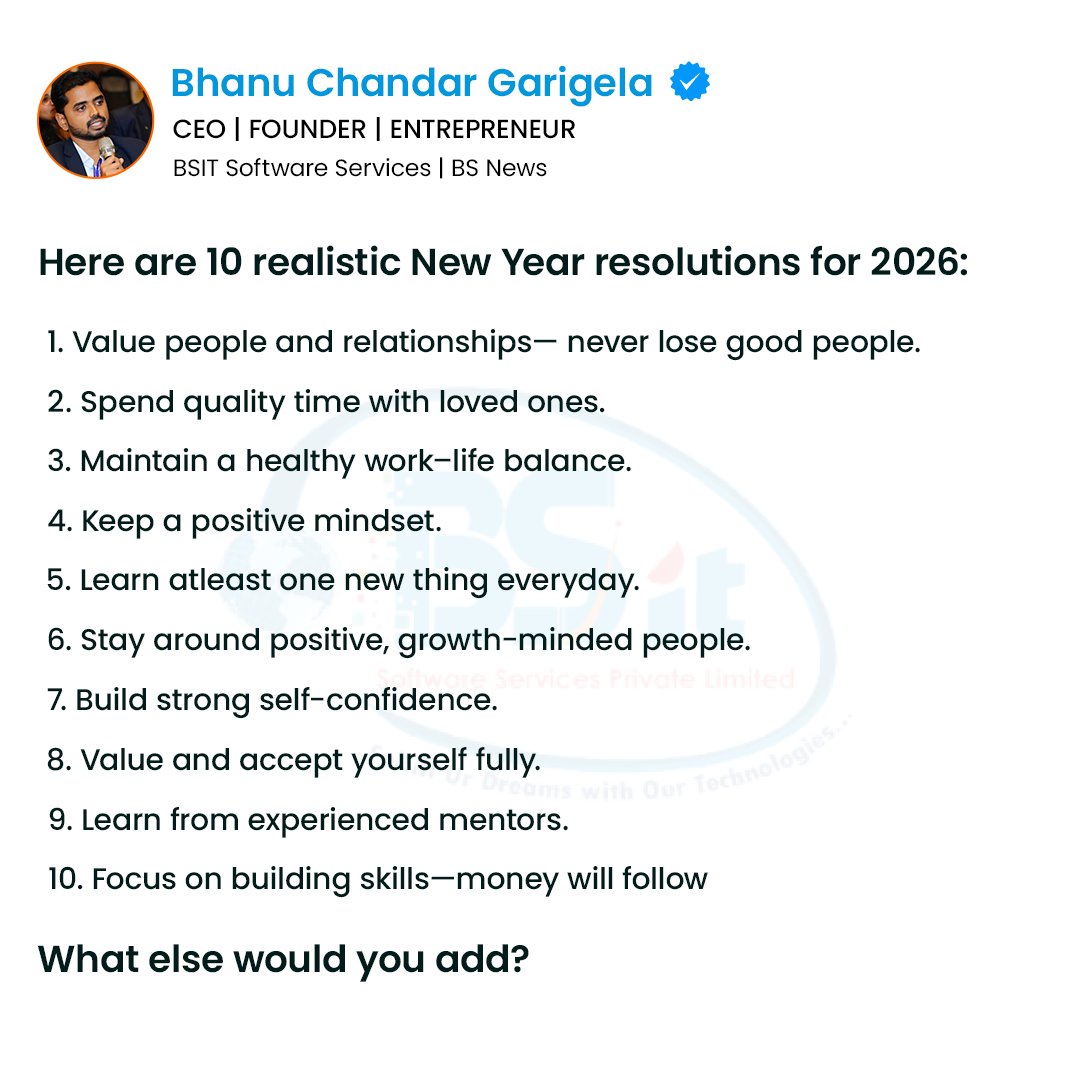 Bhanu_Garigela's tweet photo. 🌟 2026 Resolutions
Value people.
Stay positive.
Learn daily.
Build skills.
Trust the process 🚀✨
#BhanuChandarGarigela #SharadaNenavath #NewYearResolutions2026 #GrowthMindset #PersonalGrowth #LifePrinciples #BSITSoftware https://t.co/ZInAryDtDo