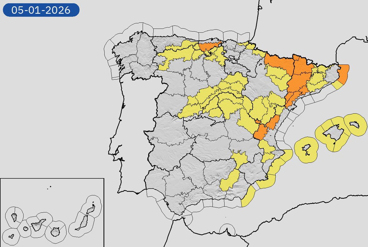 04/01 04:42 AVISOS HOY Y MAÑANA | España: costeros, nevadas, temperaturas mínimas, lluvias y tormentas. Nivel máximo de aviso: naranja.
Actualizaciones en aemet.es/es/eltiempo/pr…