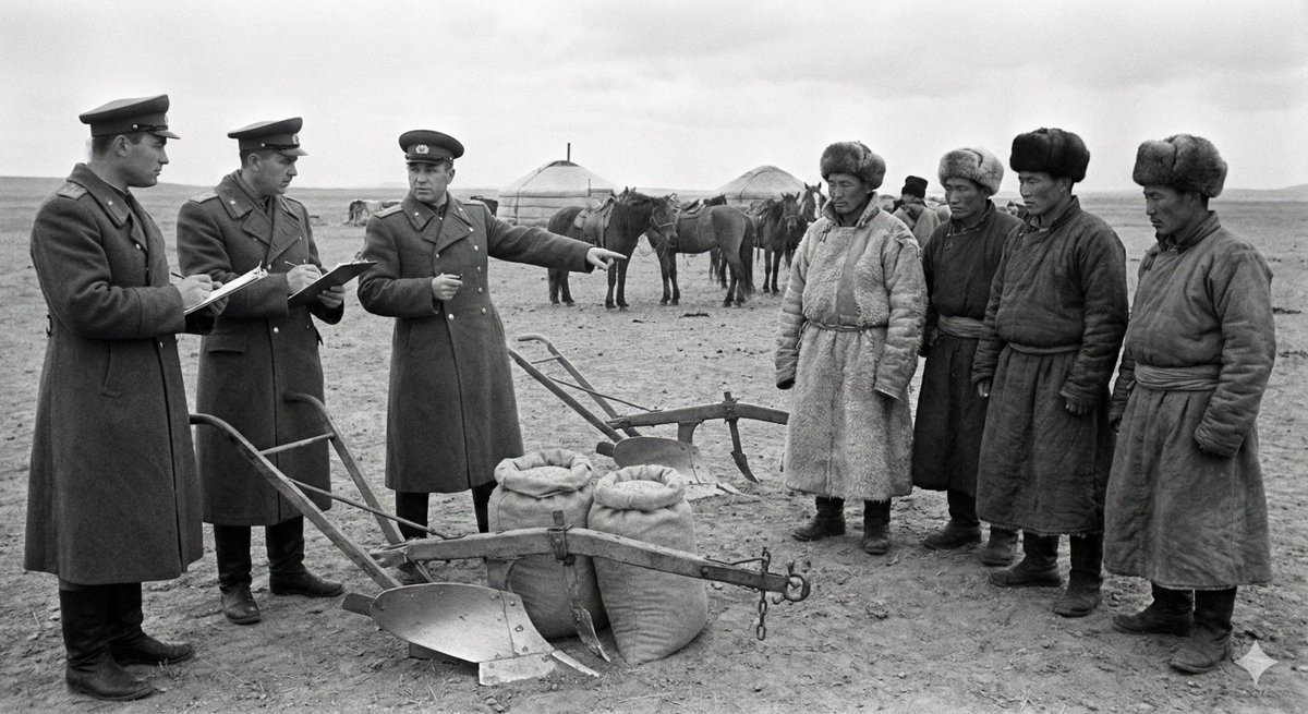 1921: Mongolia declares independence, immediately falls under Soviet influence. Russian advisors arrive with plans to "modernise" Mongolian society.

The Mongols have been nomadic herders for three millennia. They move constantly with livestock, eating meat and dairy, drinking
