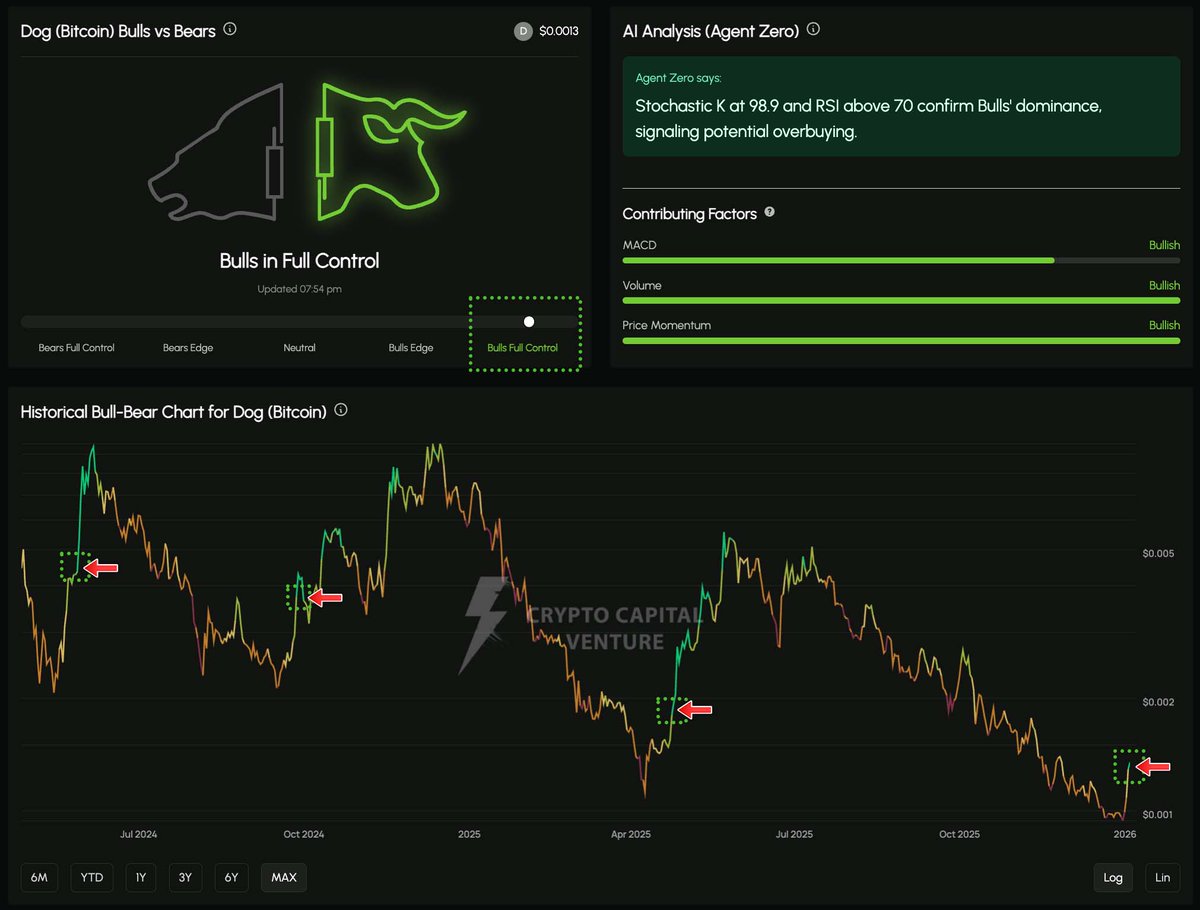 Cryptolution's tweet image. 🚨JUST IN: @AgentZeroCCV metrics determine $DOG Bulls are in "Full Control".

Source (@dangambardello): app.cryptocapitalventure.ai/bull-bear-arena