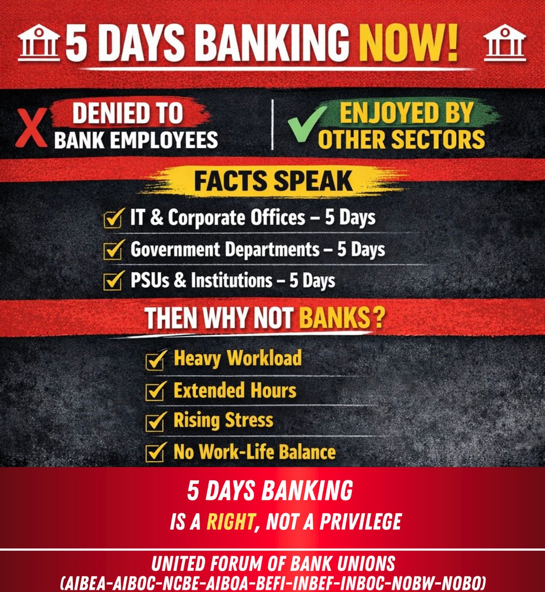 AnanAbi2513's tweet photo. #5DayBankingNow 

Govt argues if Saturday is a holiday for banks , People working in other organisations can carry out their banking transactions on Saturday. Are they not carrying out their banking transactions on weekdays through Mobile Banking , Net Banking , ATM &amp; UPI ?? https://t.co/uC9863i4L1