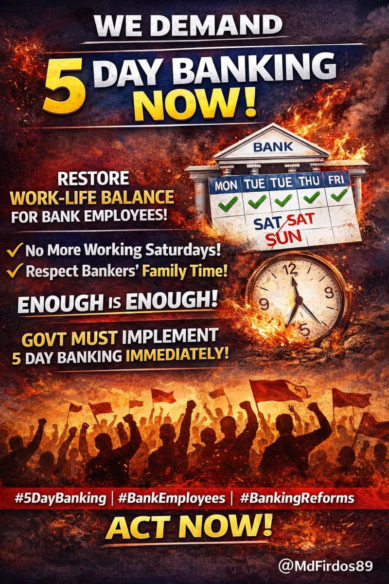 Working Days in Week 👇

▶️RBI- 5days
▶️DFS - 5 days
▶️LIC - 5 days
▶️CVC - 5 days
▶️SEBI - 5 days
▶️BSE- 5 days
▶️NSE- 5 days
▶️NPCI - 5 days
▶️IRDAI- 5 days
▶️Ministry - 5 days
▶️State Govt - 5 days
▶️NABARD-5 days

15 Lac Bankers still waiting....

#5DayBankingNow