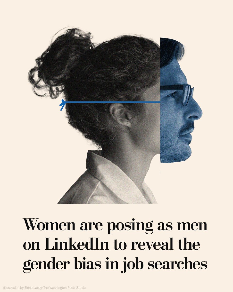 washingtonpost's tweet photo. Megan Cornish, a mental health professional, decided to run a test on her LinkedIn: She recast her profile to seem more like a guy.

Within a week, her impressions quadrupled. Here’s why: https://t.co/dvzoqHLXKE https://t.co/ZWFqQTy2aB